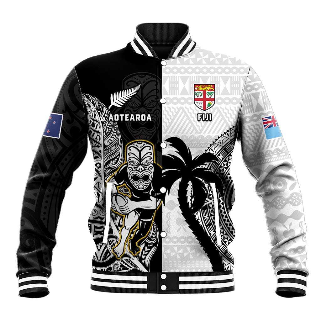 Custom Fiji And New Zealand Rugby Baseball Jacket Aotearoa Silver Fern Mix Fijian Tapa Pattern LT14 Unisex Black - Polynesian Pride