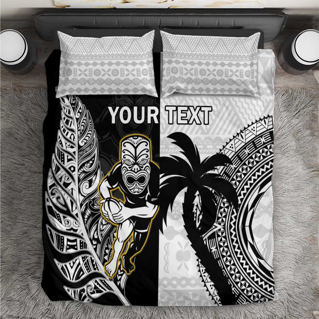 Custom Fiji And New Zealand Rugby Bedding Set Aotearoa Silver Fern Mix Fijian Tapa Pattern LT14 Black - Polynesian Pride