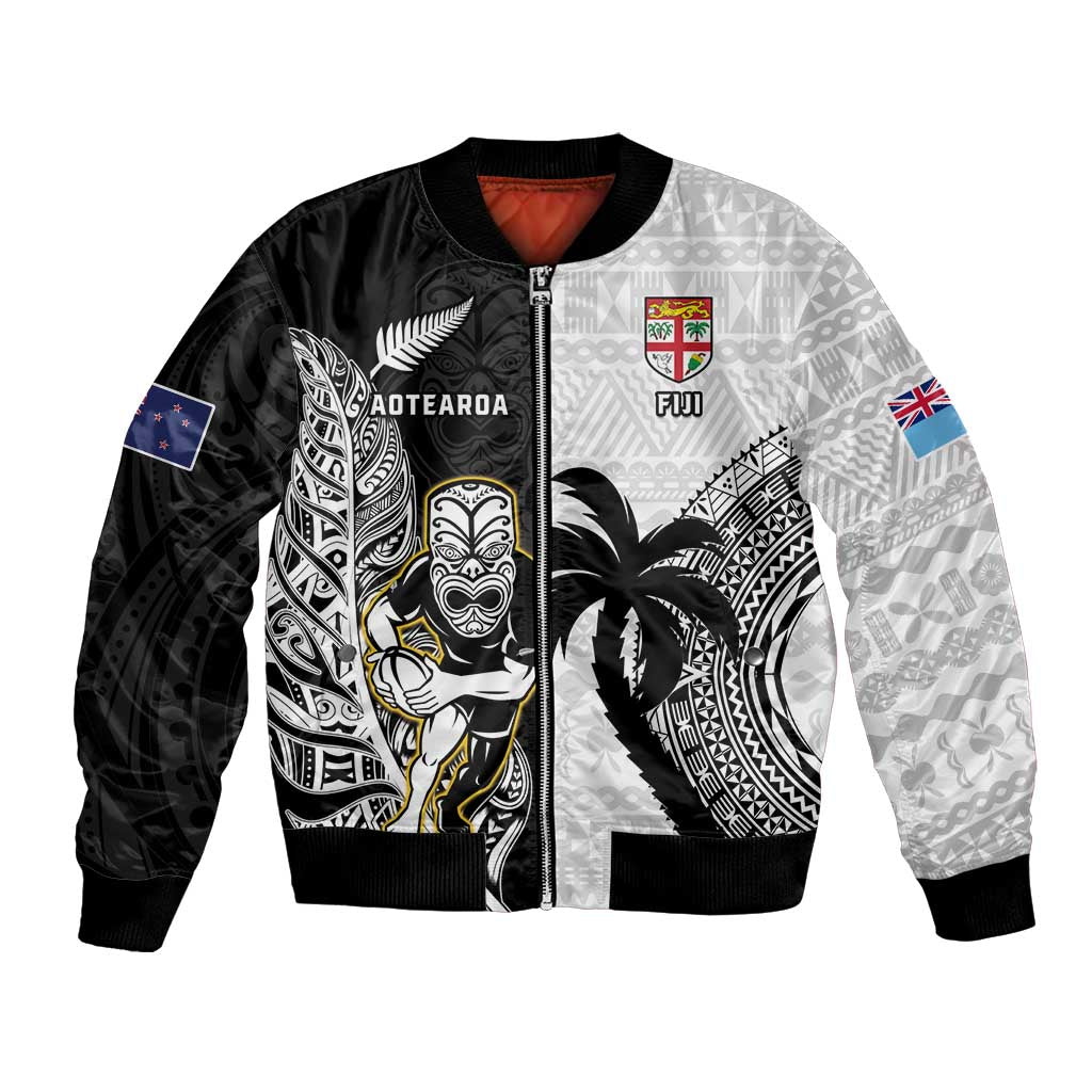 Custom Fiji And New Zealand Rugby Bomber Jacket Aotearoa Silver Fern Mix Fijian Tapa Pattern LT14 Unisex Black - Polynesian Pride