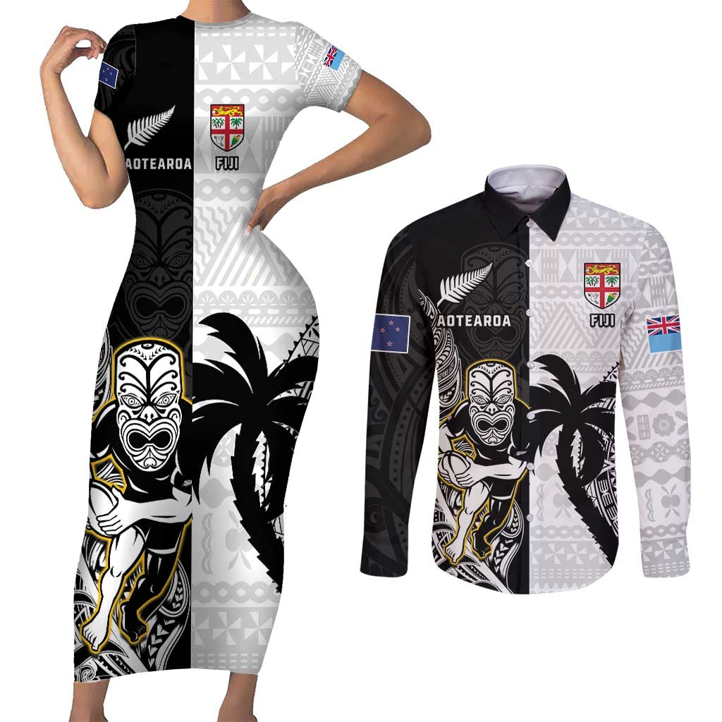 Custom Fiji And New Zealand Rugby Couples Matching Short Sleeve Bodycon Dress and Long Sleeve Button Shirt Aotearoa Silver Fern Mix Fijian Tapa Pattern