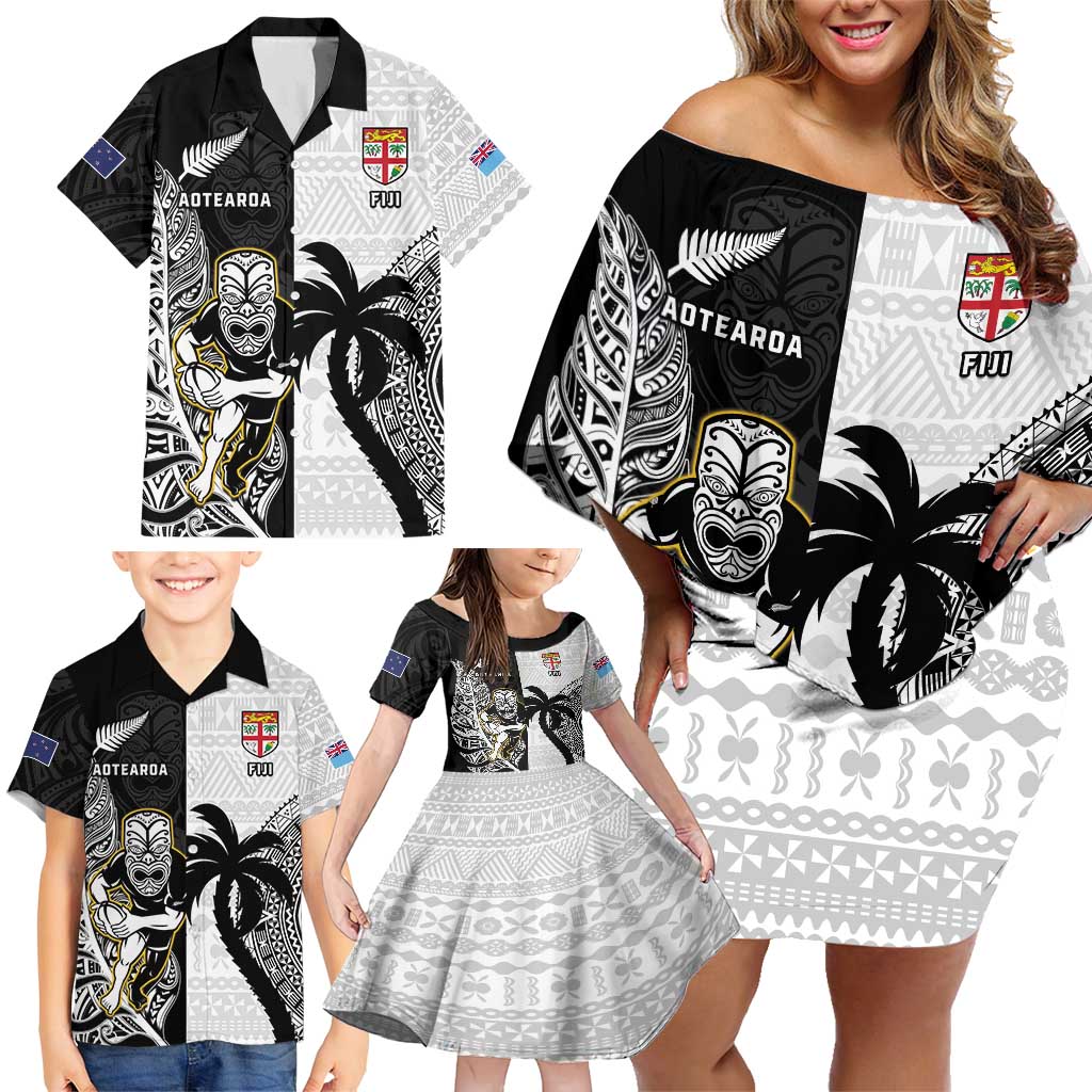Custom Fiji And New Zealand Rugby Family Matching Off Shoulder Short Dress and Hawaiian Shirt Aotearoa Silver Fern Mix Fijian Tapa Pattern
