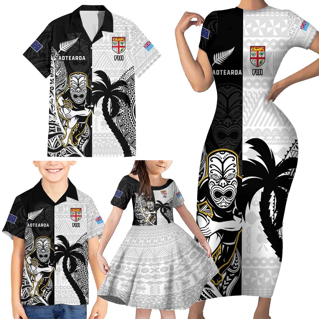 Custom Fiji And New Zealand Rugby Family Matching Short Sleeve Bodycon Dress and Hawaiian Shirt Aotearoa Silver Fern Mix Fijian Tapa Pattern