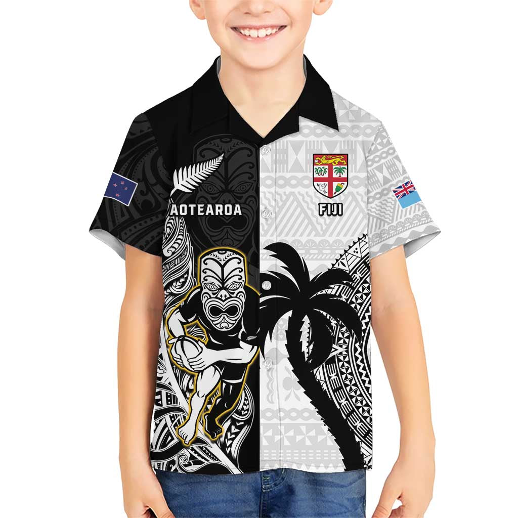 Custom Fiji And New Zealand Rugby Kid Hawaiian Shirt Aotearoa Silver Fern Mix Fijian Tapa Pattern LT14 Kid Black - Polynesian Pride