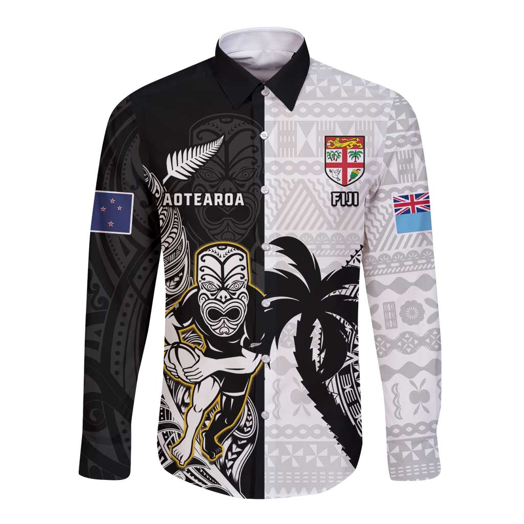 Custom Fiji And New Zealand Rugby Long Sleeve Button Shirt Aotearoa Silver Fern Mix Fijian Tapa Pattern LT14 Unisex Black - Polynesian Pride