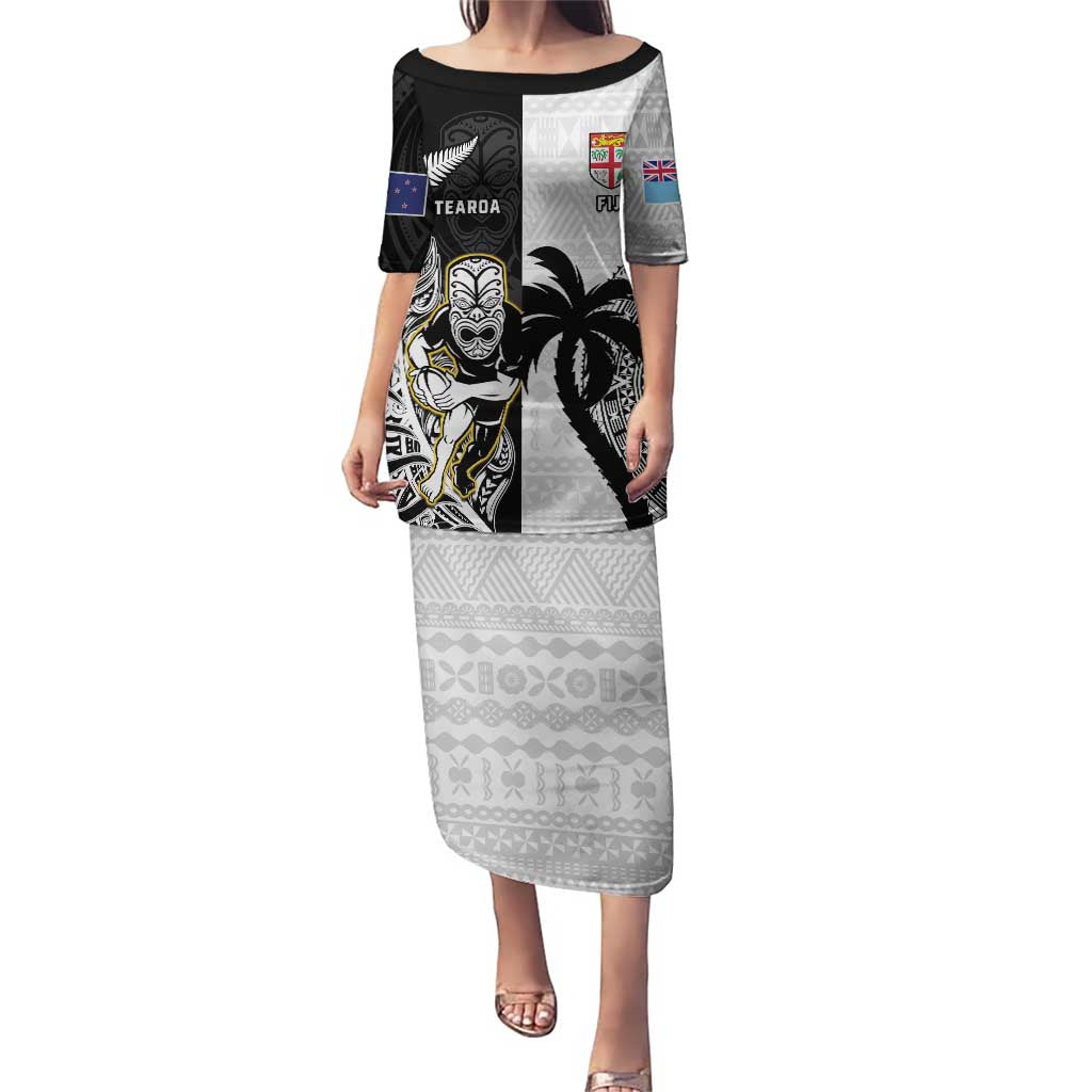 Custom Fiji And New Zealand Rugby Puletasi Aotearoa Silver Fern Mix Fijian Tapa Pattern LT14 Long Dress Black - Polynesian Pride