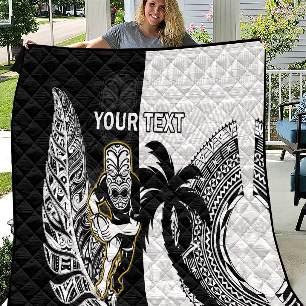 Custom Fiji And New Zealand Rugby Quilt Aotearoa Silver Fern Mix Fijian Tapa Pattern LT14 Black - Polynesian Pride