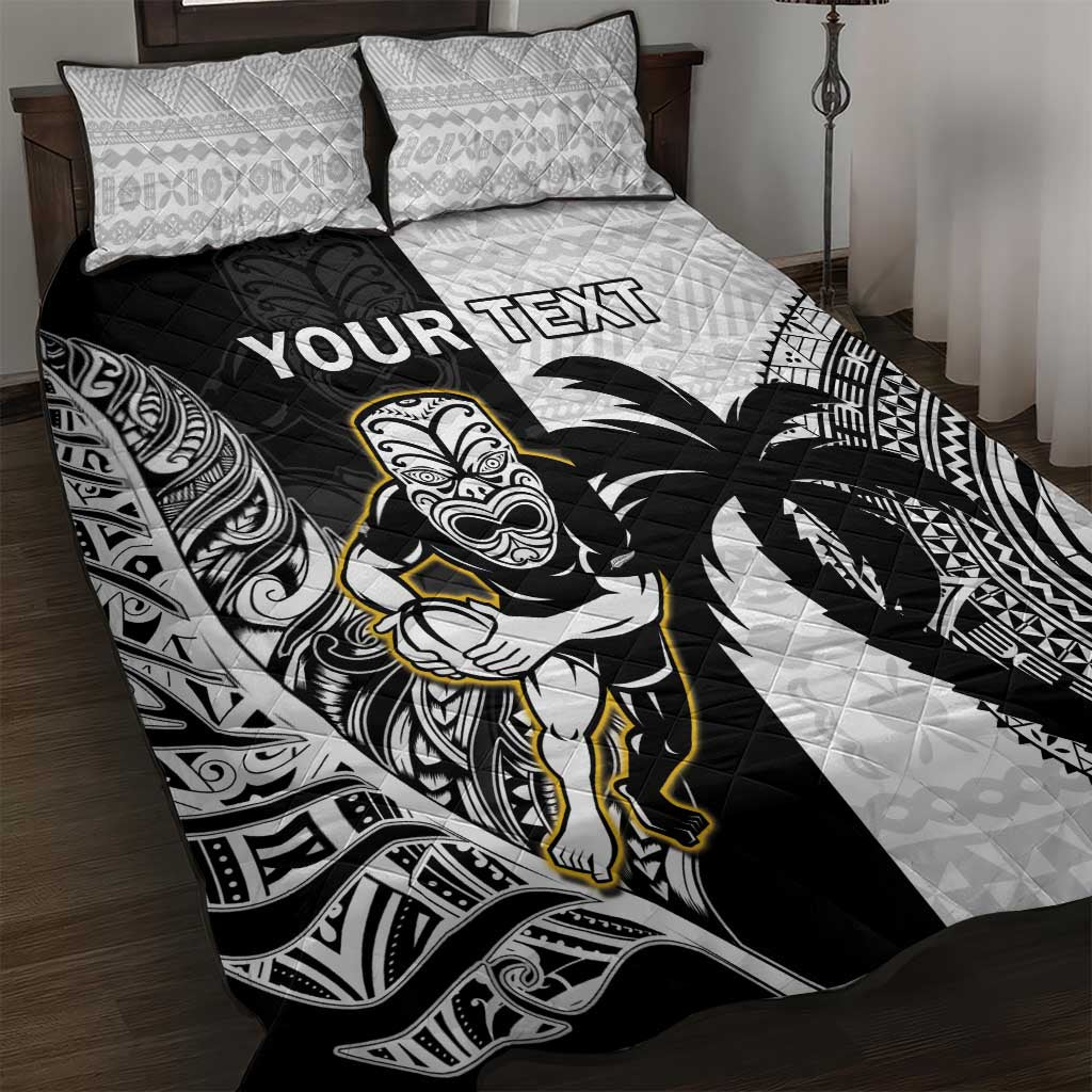 Custom Fiji And New Zealand Rugby Quilt Bed Set Aotearoa Silver Fern Mix Fijian Tapa Pattern LT14 Black - Polynesian Pride