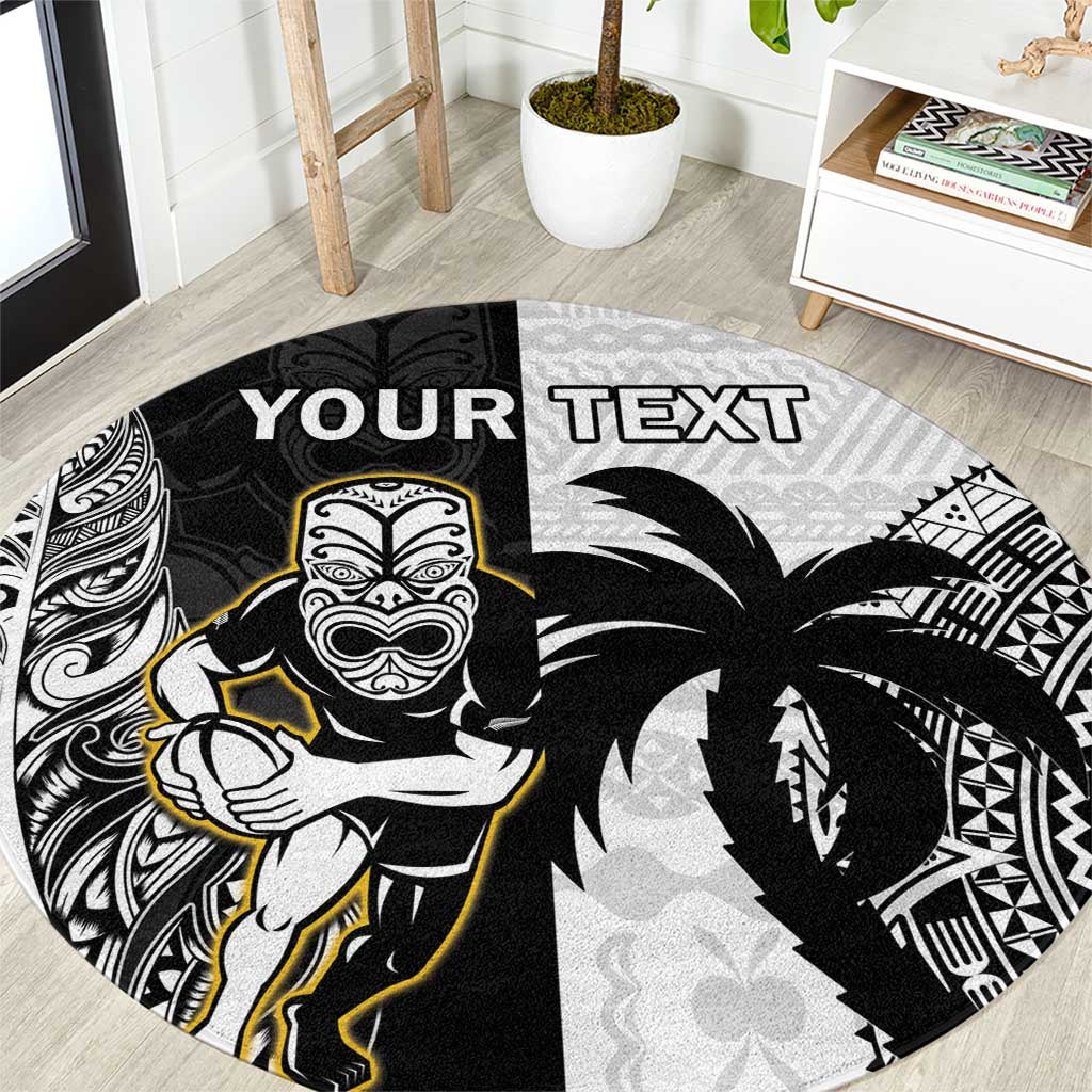 Custom Fiji And New Zealand Rugby Round Carpet Aotearoa Silver Fern Mix Fijian Tapa Pattern LT14 Black - Polynesian Pride