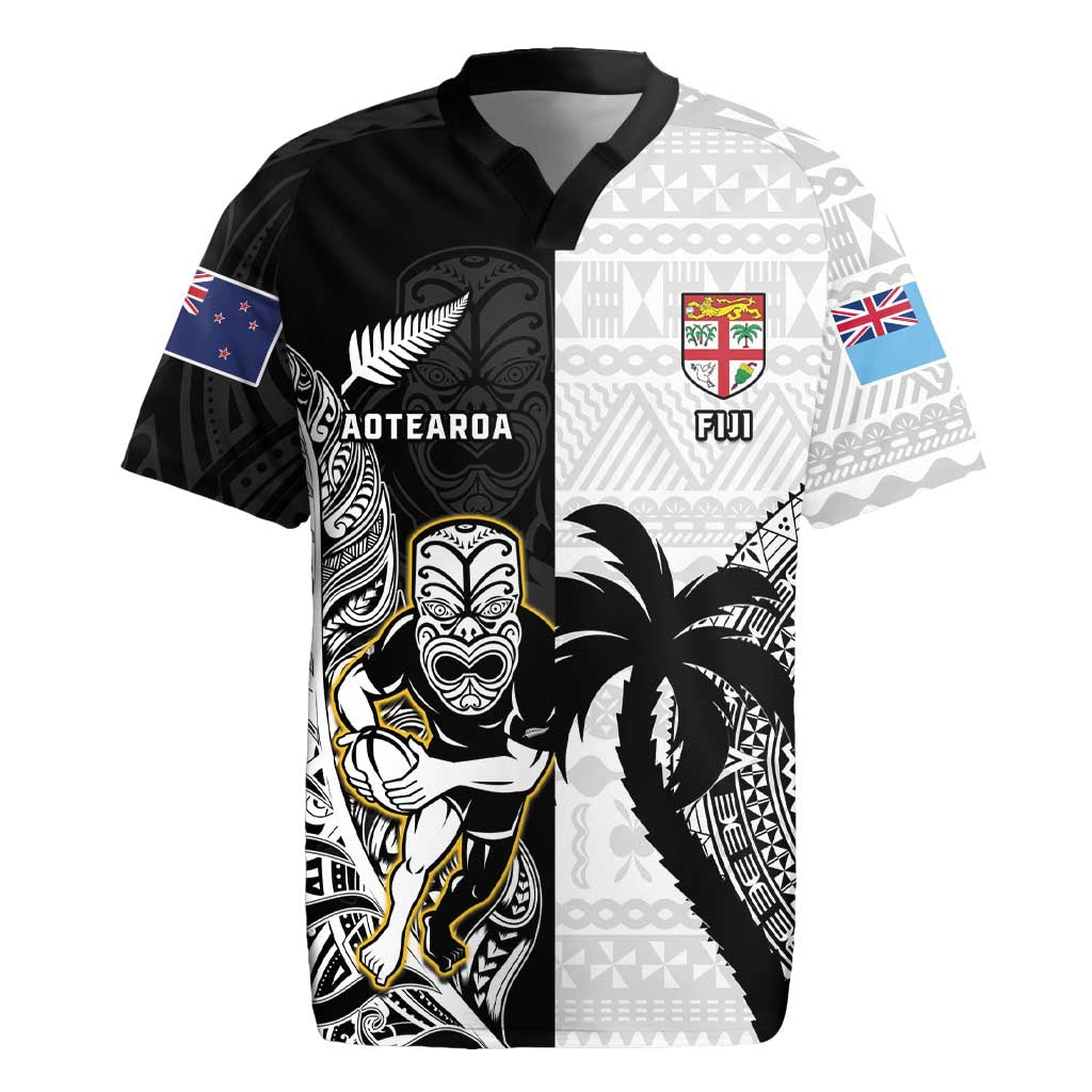 Custom Fiji And New Zealand Rugby Rugby Jersey Aotearoa Silver Fern Mix Fijian Tapa Pattern LT14 Black - Polynesian Pride