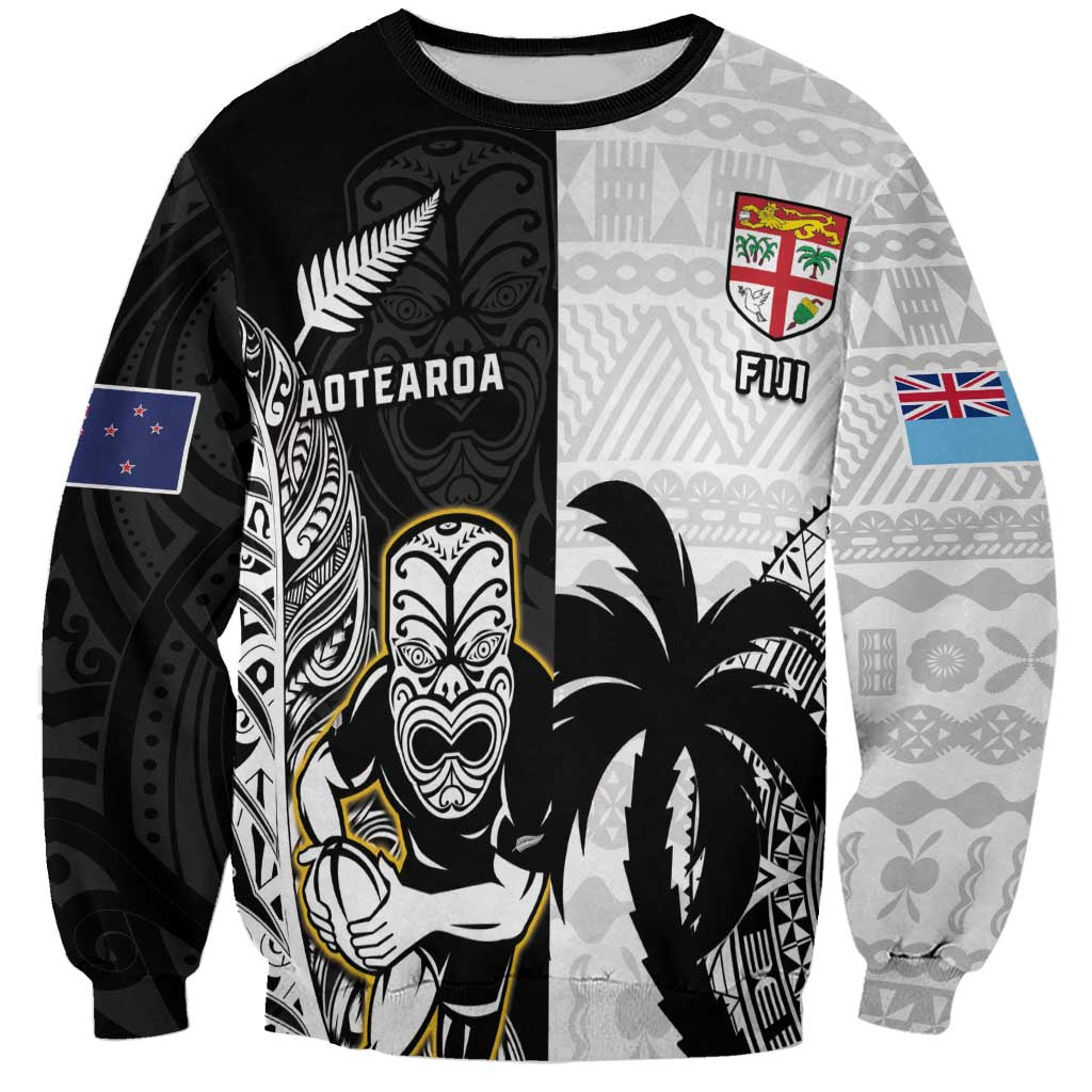 Custom Fiji And New Zealand Rugby Sweatshirt Aotearoa Silver Fern Mix Fijian Tapa Pattern LT14 Unisex Black - Polynesian Pride