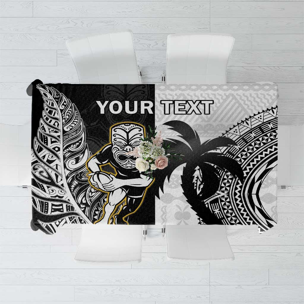 Custom Fiji And New Zealand Rugby Tablecloth Aotearoa Silver Fern Mix Fijian Tapa Pattern LT14 Black - Polynesian Pride