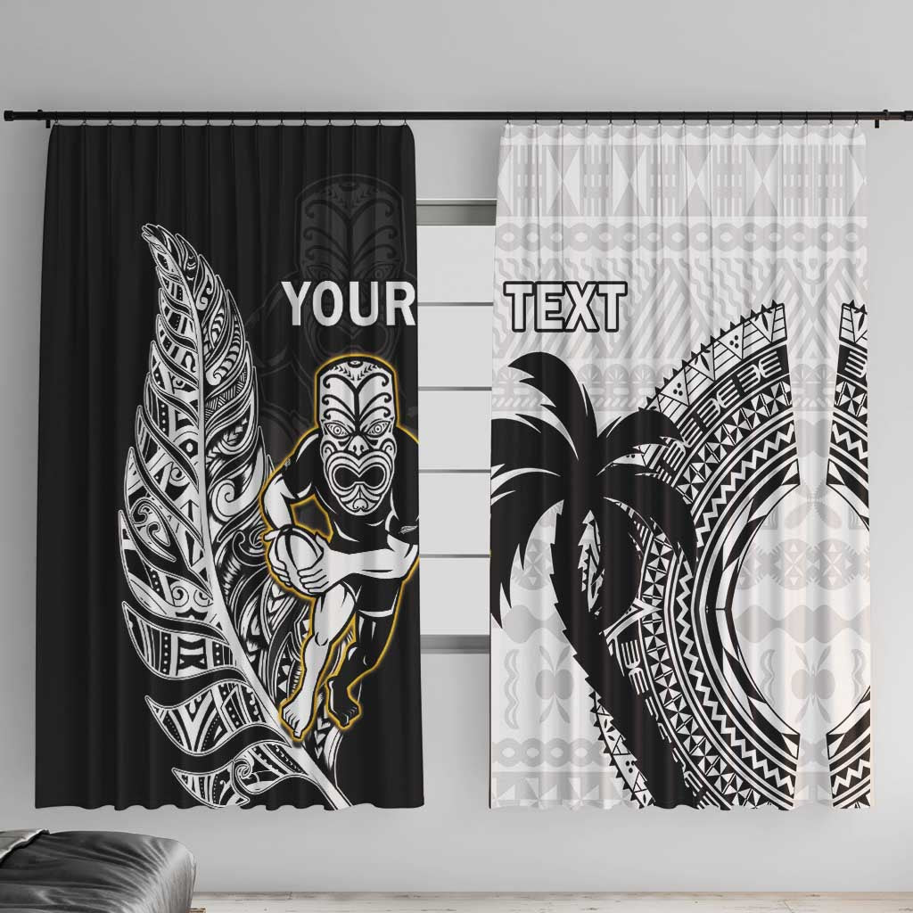 Custom Fiji And New Zealand Rugby Window Curtain Aotearoa Silver Fern Mix Fijian Tapa Pattern LT14 With Hooks Black - Polynesian Pride