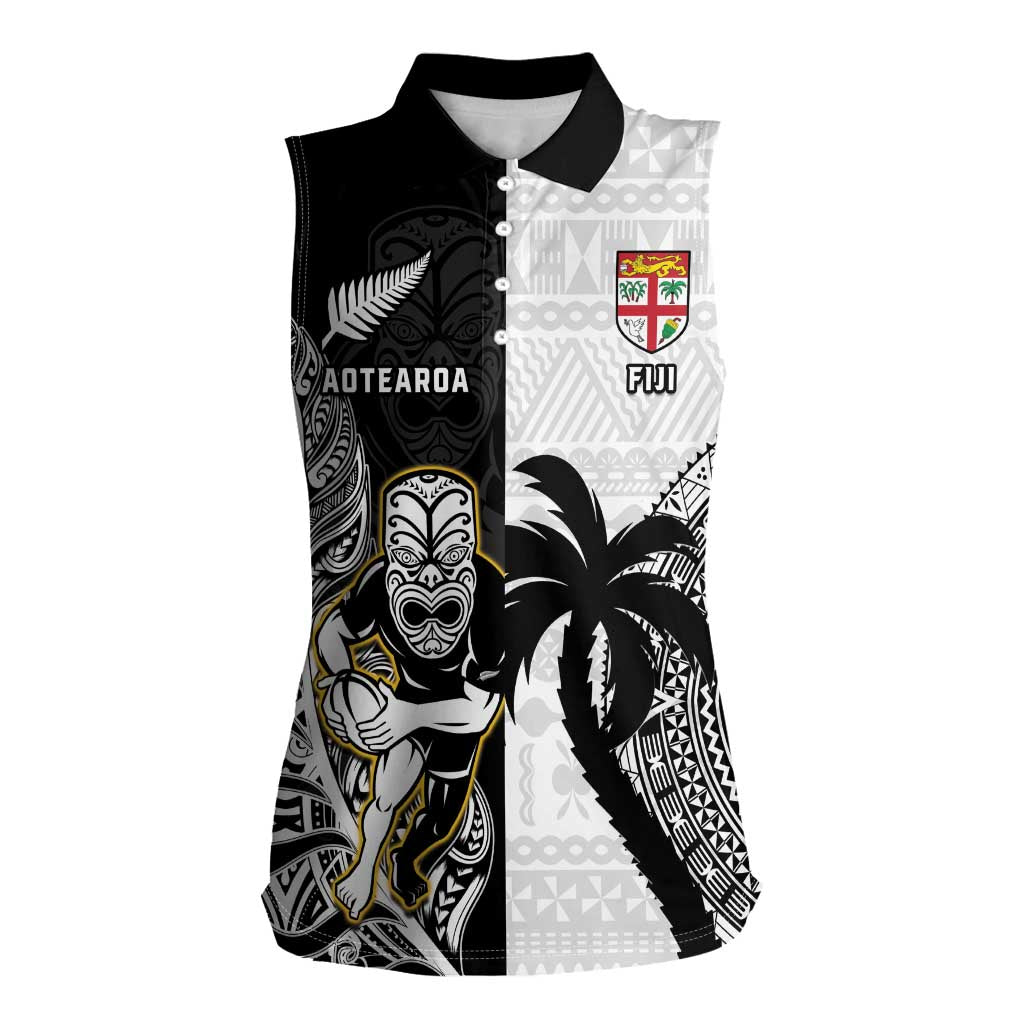 Custom Fiji And New Zealand Rugby Women Sleeveless Polo Shirt Aotearoa Silver Fern Mix Fijian Tapa Pattern