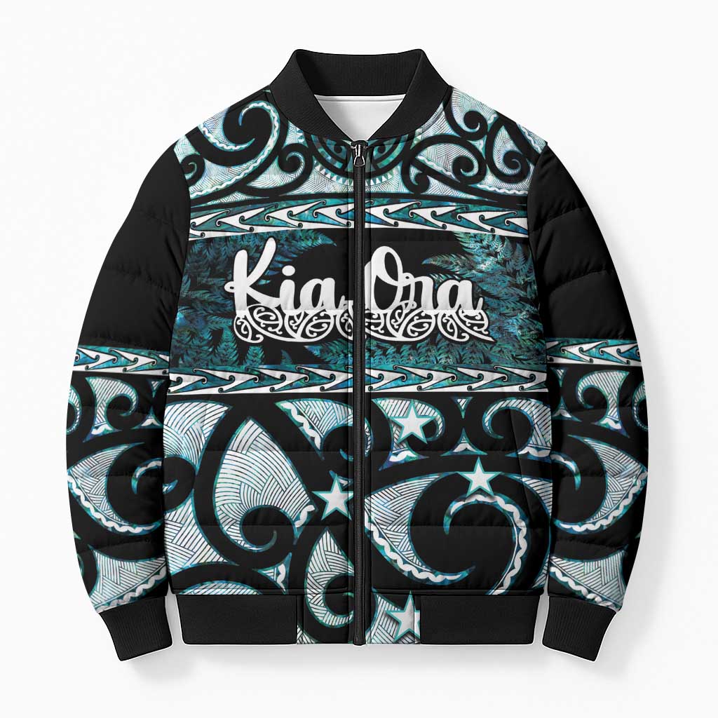 Kia Ora New Zealand Bomber Puffer Jacket Aotearoa Proud Maori Paua Shell Silver Fern LT14 Unisex Black - Polynesian Pride
