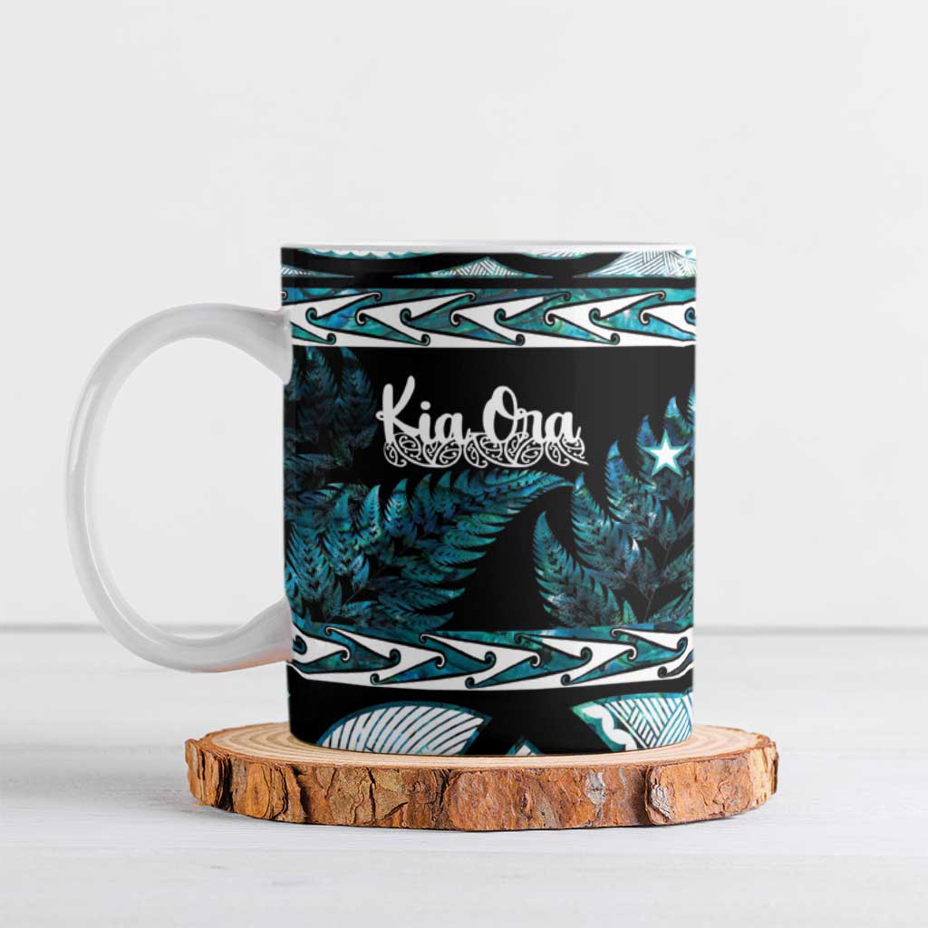Kia Ora New Zealand Ceramic Mug Aotearoa Proud Maori Paua Shell Silver Fern LT14 Black - Polynesian Pride