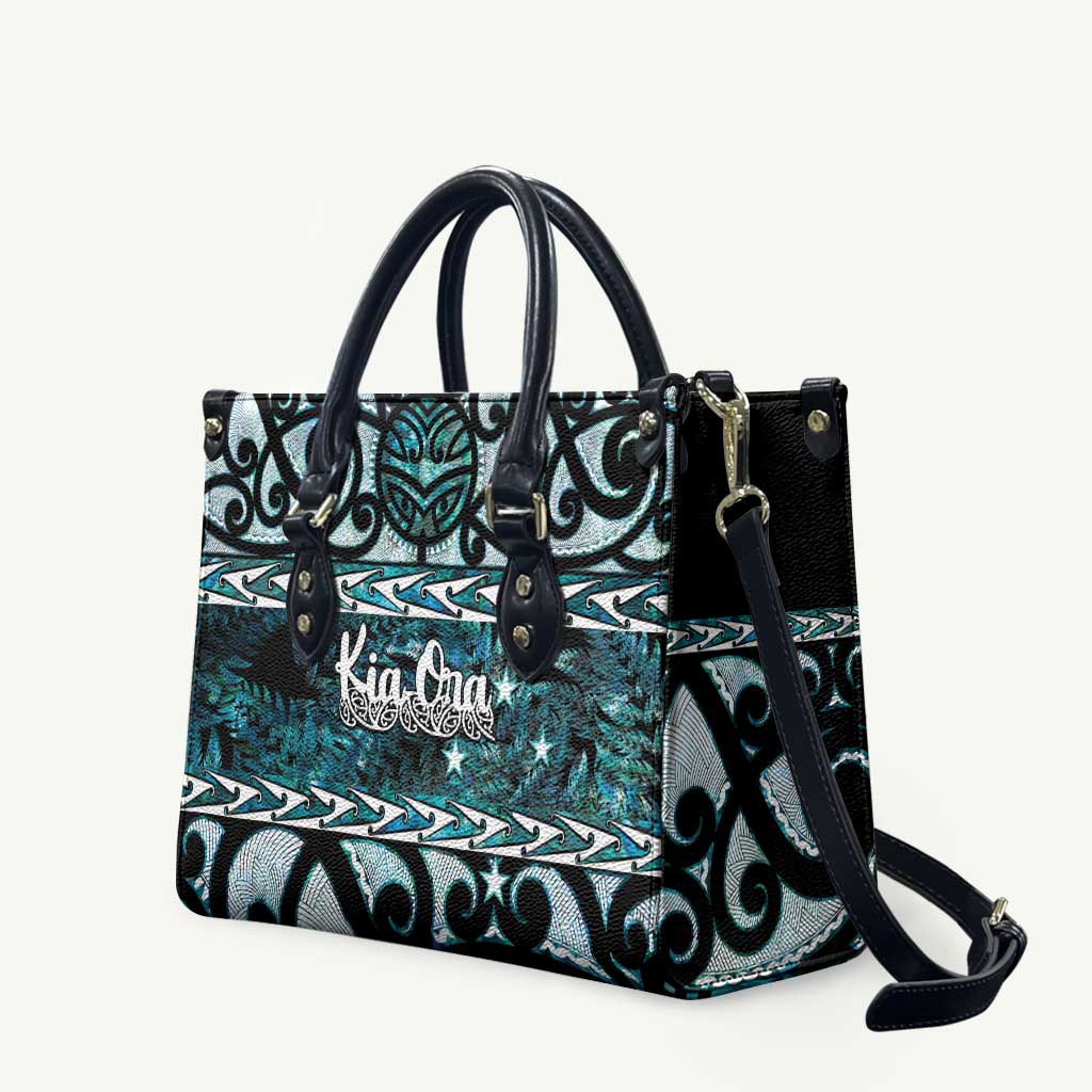 Kia Ora New Zealand Leather Bag Aotearoa Proud Maori Paua Shell Silver Fern LT14 Black - Polynesian Pride