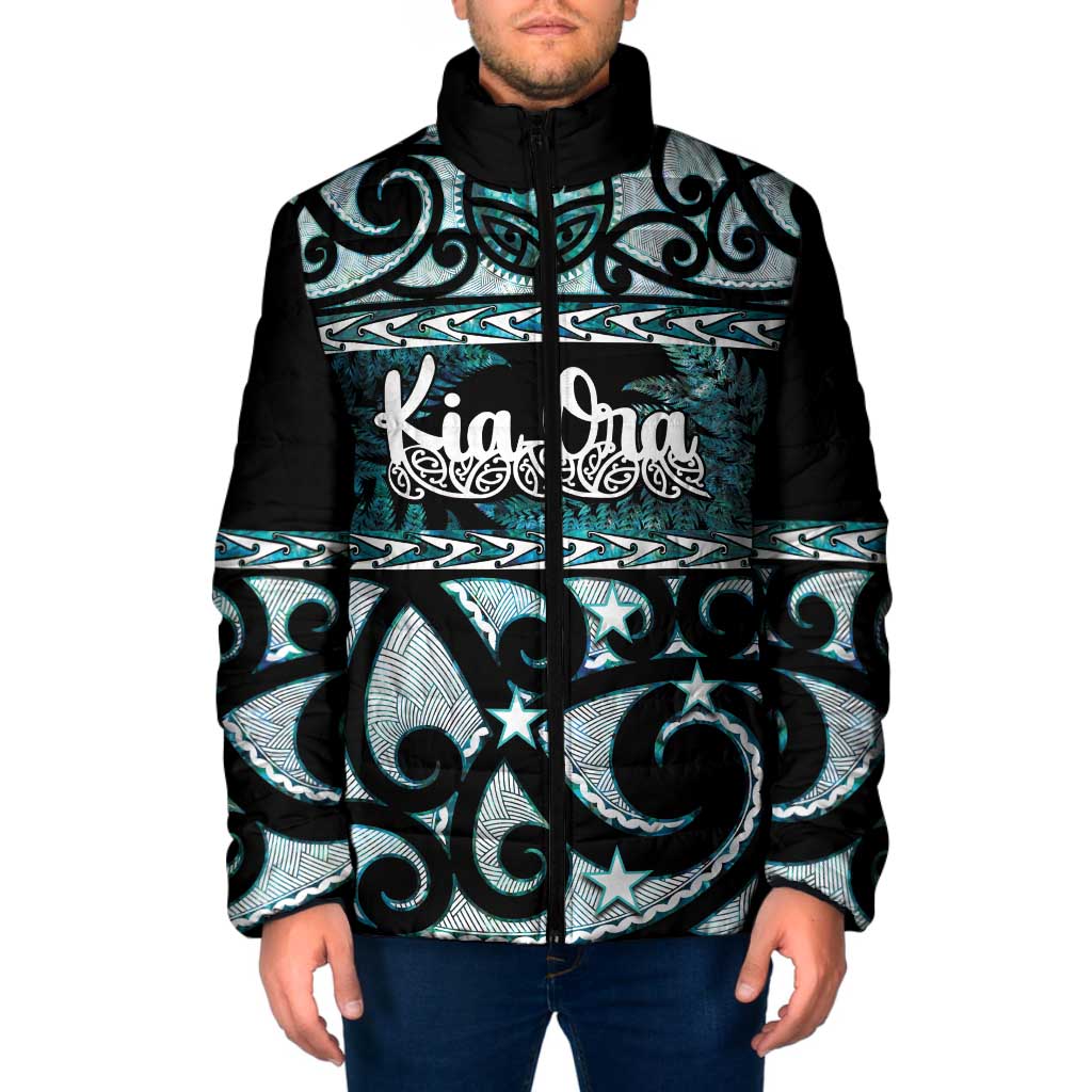 Kia Ora New Zealand Padded Jacket Aotearoa Proud Maori Paua Shell Silver Fern LT14 Men Black - Polynesian Pride