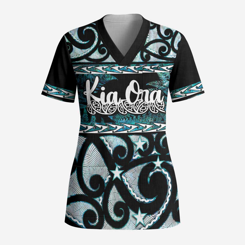 Kia Ora New Zealand Scrub Top Aotearoa Proud Maori Paua Shell Silver Fern LT14 Adult Black - Polynesian Pride