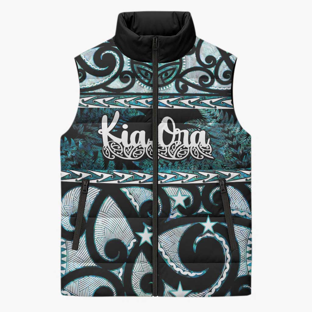 Kia Ora New Zealand Sleeveless Puffer Jacket Aotearoa Proud Maori Paua Shell Silver Fern LT14 Unisex Black - Polynesian Pride