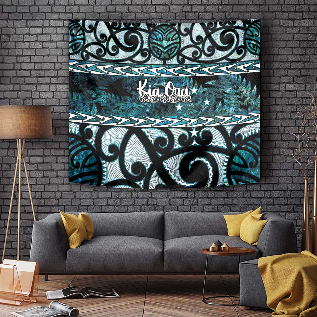 Kia Ora New Zealand Tapestry Aotearoa Proud Maori Paua Shell Silver Fern LT14 Black - Polynesian Pride