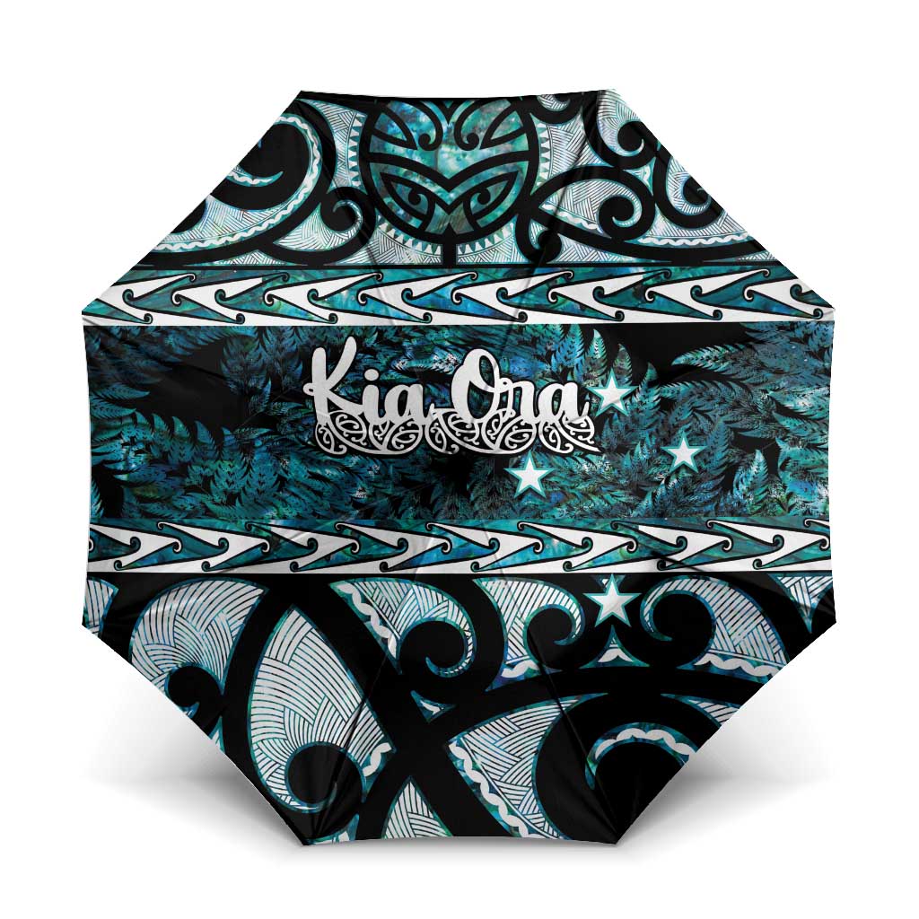 Kia Ora New Zealand Umbrella Aotearoa Proud Maori Paua Shell Silver Fern LT14 One Size Folded 11.42 inch Opened Diameter 37.4 inch Black - Polynesian Pride