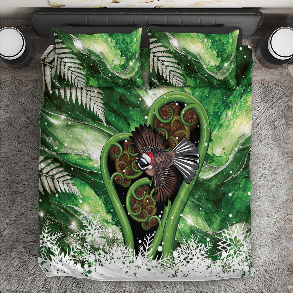 Piwakawaka New Zealand Christmas In July Bedding Set NZ Aroha Koru Fern Marble Vibes LT14 Green - Polynesian Pride
