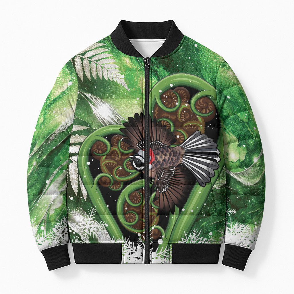 Piwakawaka New Zealand Christmas In July Bomber Puffer Jacket NZ Aroha Koru Fern Marble Vibes LT14 Unisex Green - Polynesian Pride