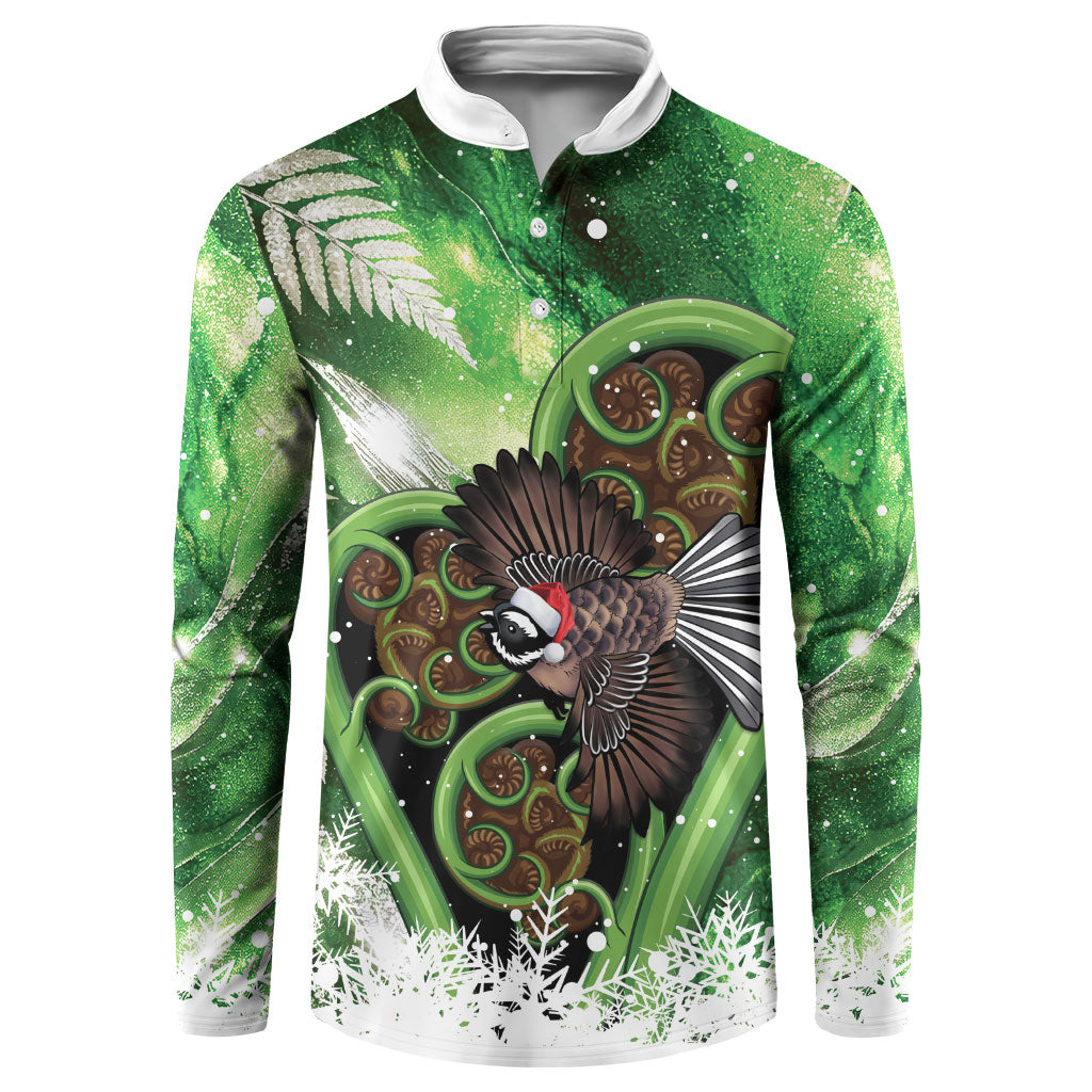 Piwakawaka New Zealand Christmas In July Button Sweatshirt NZ Aroha Koru Fern Marble Vibes LT14 Green - Polynesian Pride