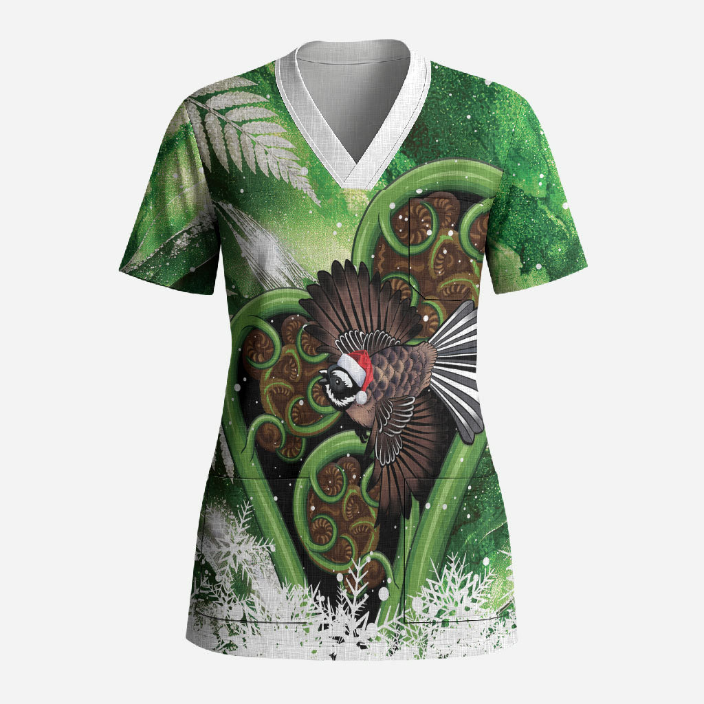 Piwakawaka New Zealand Christmas In July Scrub Top NZ Aroha Koru Fern Marble Vibes LT14 Adult Green - Polynesian Pride