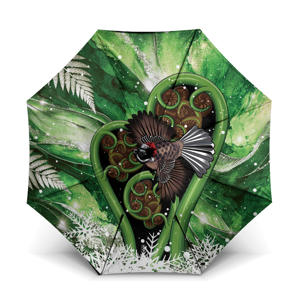 Piwakawaka New Zealand Christmas In July Umbrella NZ Aroha Koru Fern Marble Vibes LT14 One Size Folded 11.42 inch Opened Diameter 37.4 inch Green - Polynesian Pride