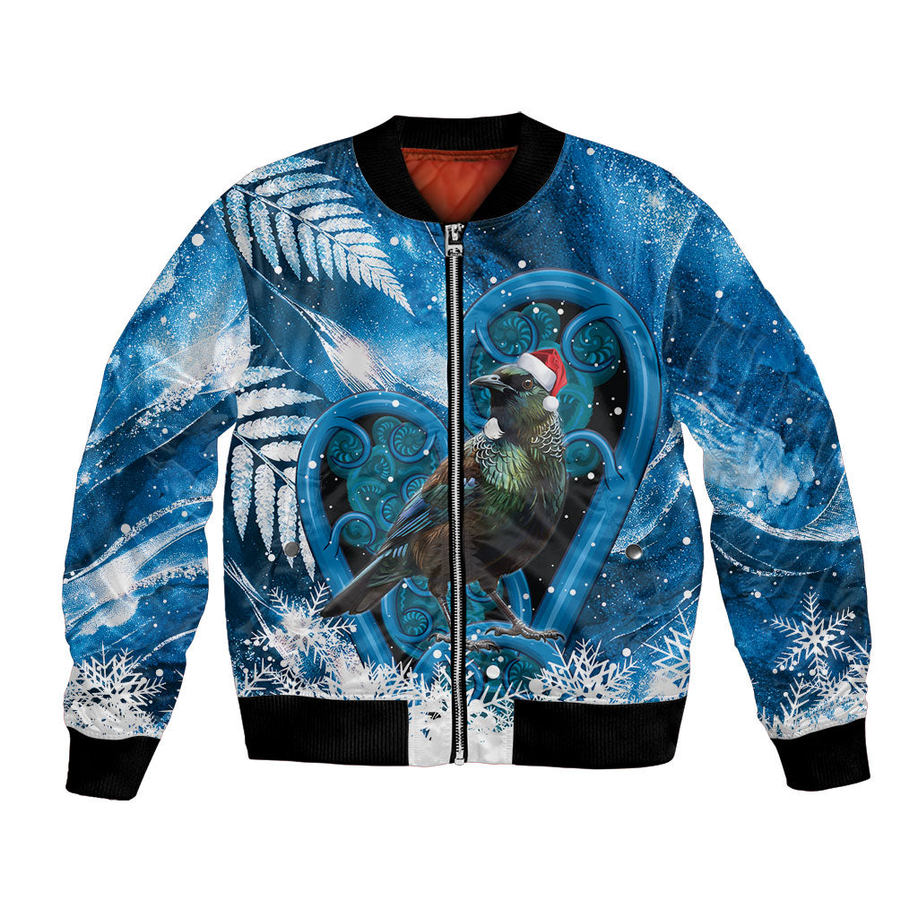 Tui Bird New Zealand Christmas In July Bomber Jacket NZ Aroha Koru Fern Marble Vibes LT14 Unisex Blue - Polynesian Pride