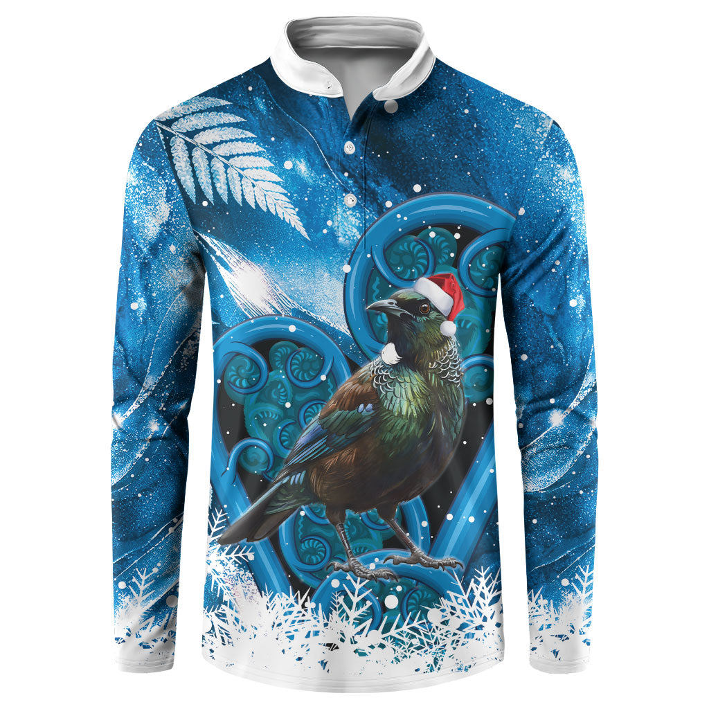 Tui Bird New Zealand Christmas In July Button Sweatshirt NZ Aroha Koru Fern Marble Vibes LT14 Blue - Polynesian Pride