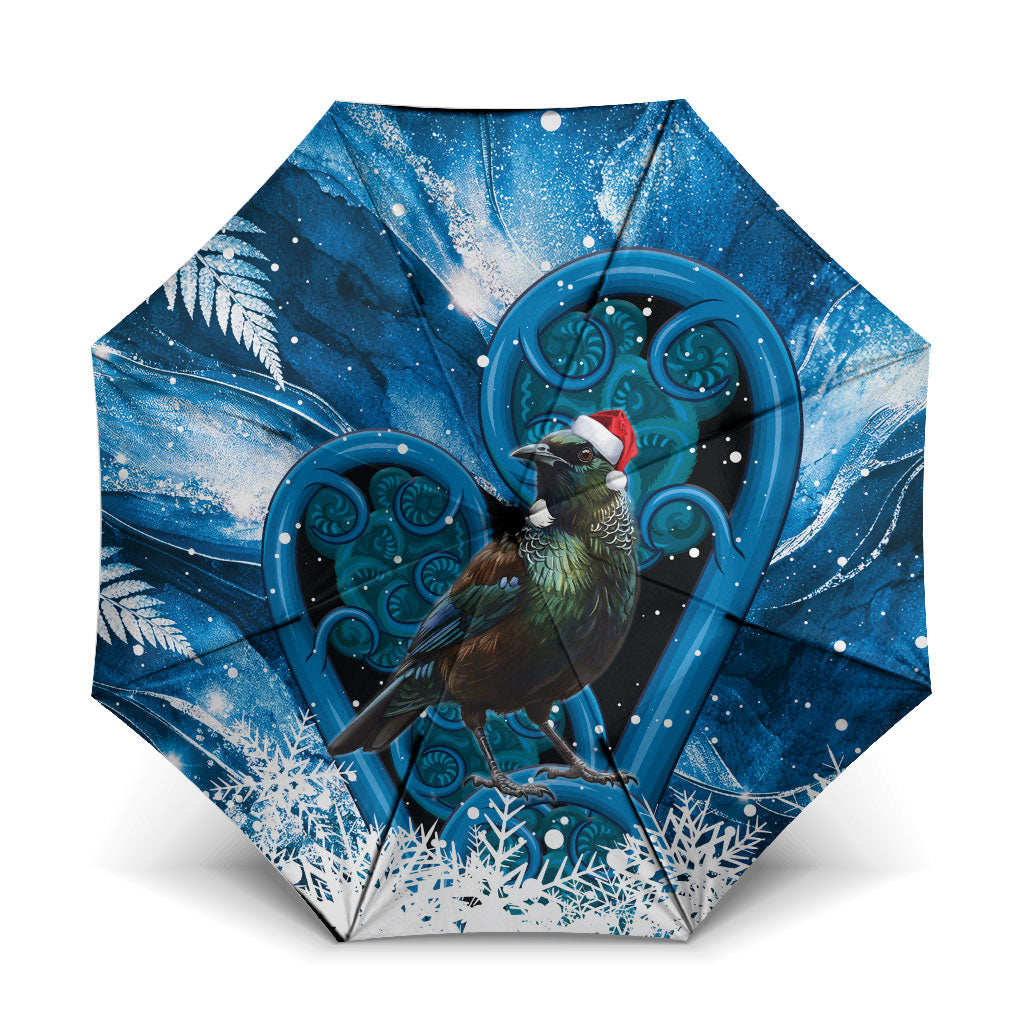 Tui Bird New Zealand Christmas In July Umbrella NZ Aroha Koru Fern Marble Vibes LT14 One Size Folded 11.42 inch Opened Diameter 37.4 inch Blue - Polynesian Pride