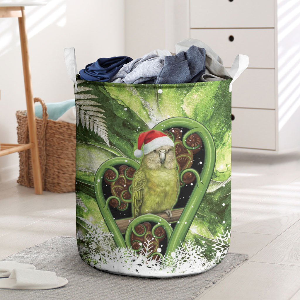 Kakapo New Zealand Christmas In July Laundry Basket NZ Aroha Koru Fern Marble Vibes LT14 Green - Polynesian Pride