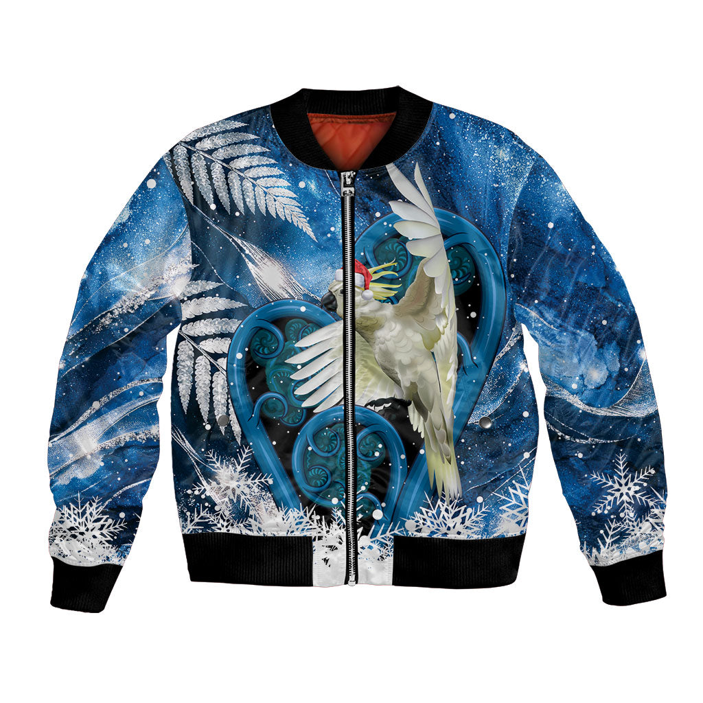 Sulphur-crested Cockatoo New Zealand Christmas In July Bomber Jacket NZ Aroha Koru Fern Marble Vibes LT14 Unisex Blue - Polynesian Pride