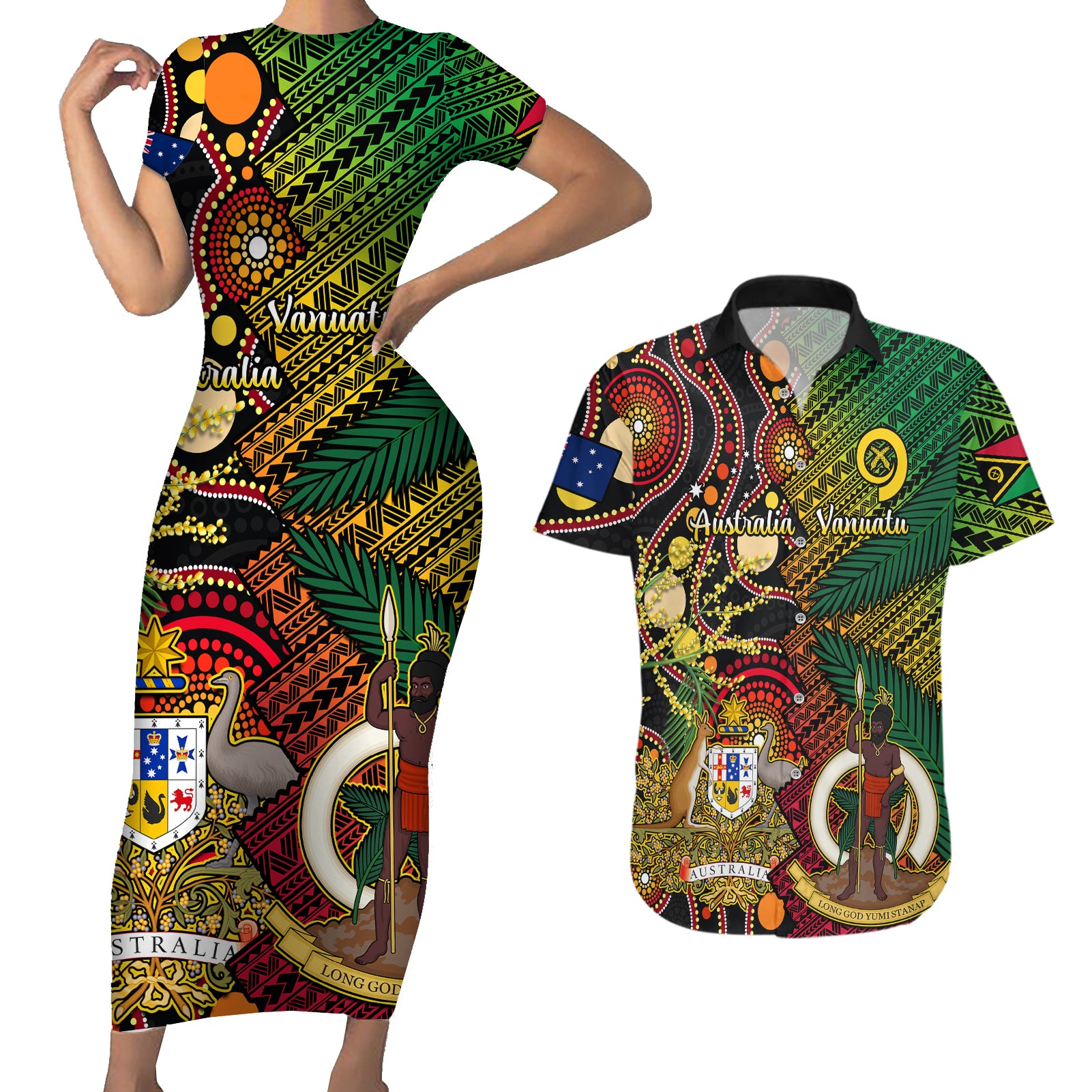 Vanuatu and Australia Couples Matching Short Sleeve Bodycon Dress and Hawaiian Shirt Vanuatuan Polynesian Mix Aussie Aboriginal Art LT14 Black - Polynesian Pride