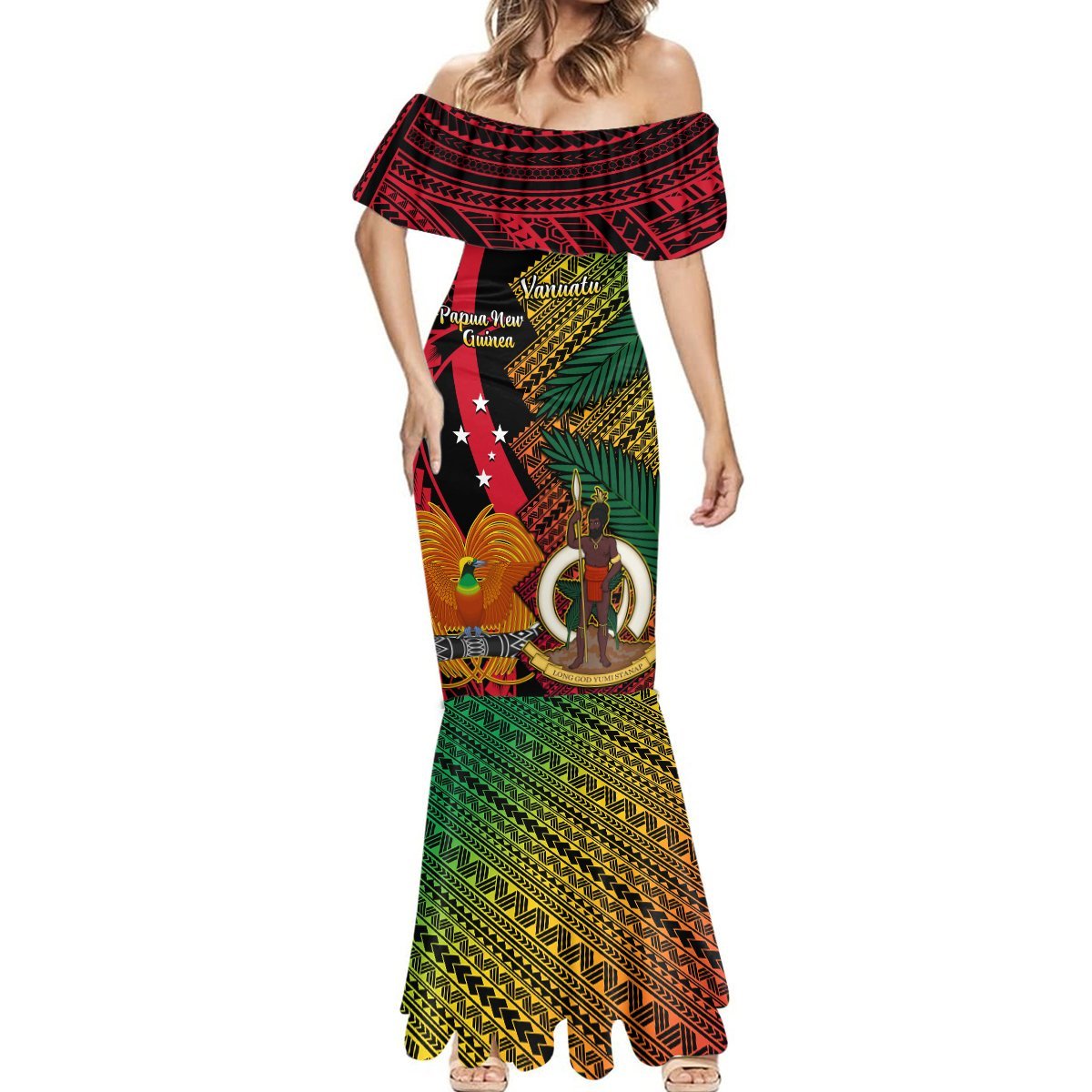 Vanuatu and Papua New Guinea Mermaid Dress Vanuatuan With PNG Polynesian Pattern LT14 - Polynesian Pride