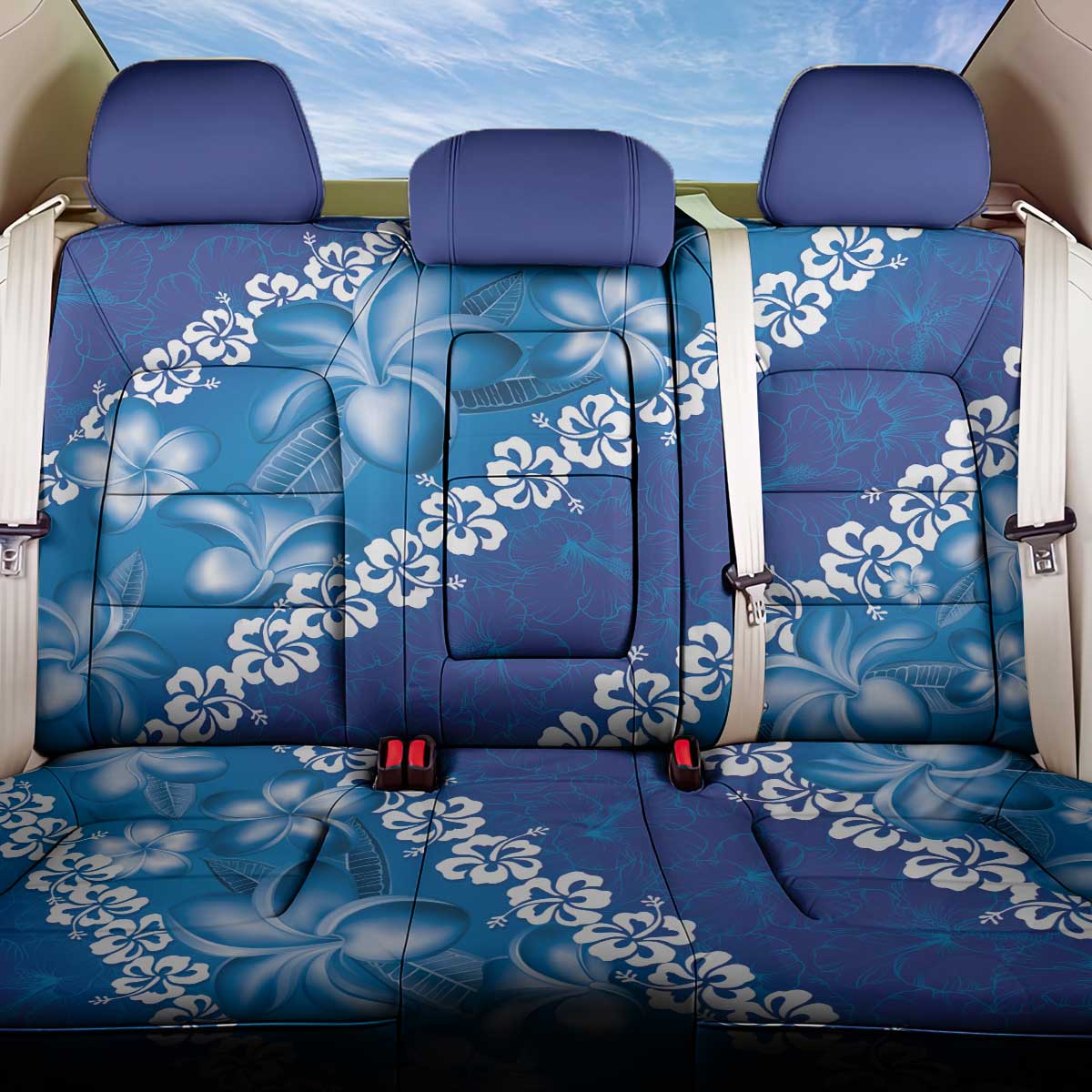 Vintage Blue Polynesia Back Car Seat Cover Plumeria With Hibiscus Tropical Vibes LT14 One Size Blue - Polynesian Pride
