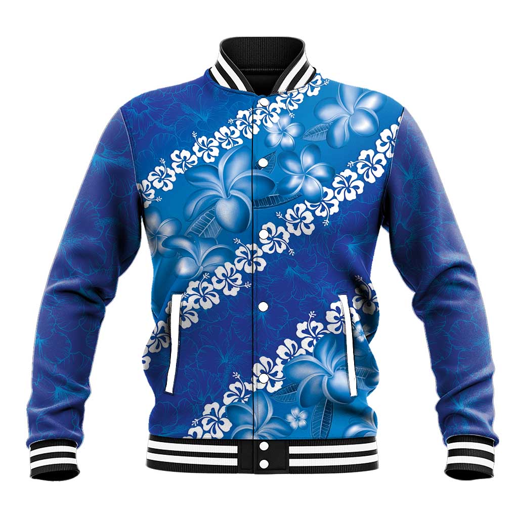 Vintage Blue Polynesia Baseball Jacket Plumeria With Hibiscus Tropical Vibes LT14 Unisex Blue - Polynesian Pride