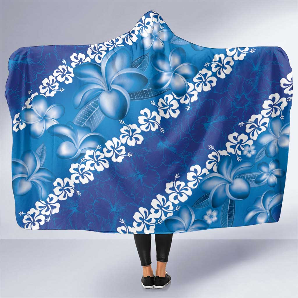 Vintage Blue Polynesia Hooded Blanket Plumeria With Hibiscus Tropical Vibes LT14 One Size Blue - Polynesian Pride