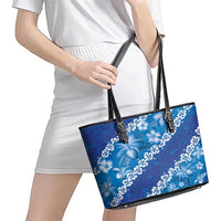 Vintage Blue Polynesia Leather Tote Bag Plumeria With Hibiscus Tropical Vibes LT14 - Polynesian Pride