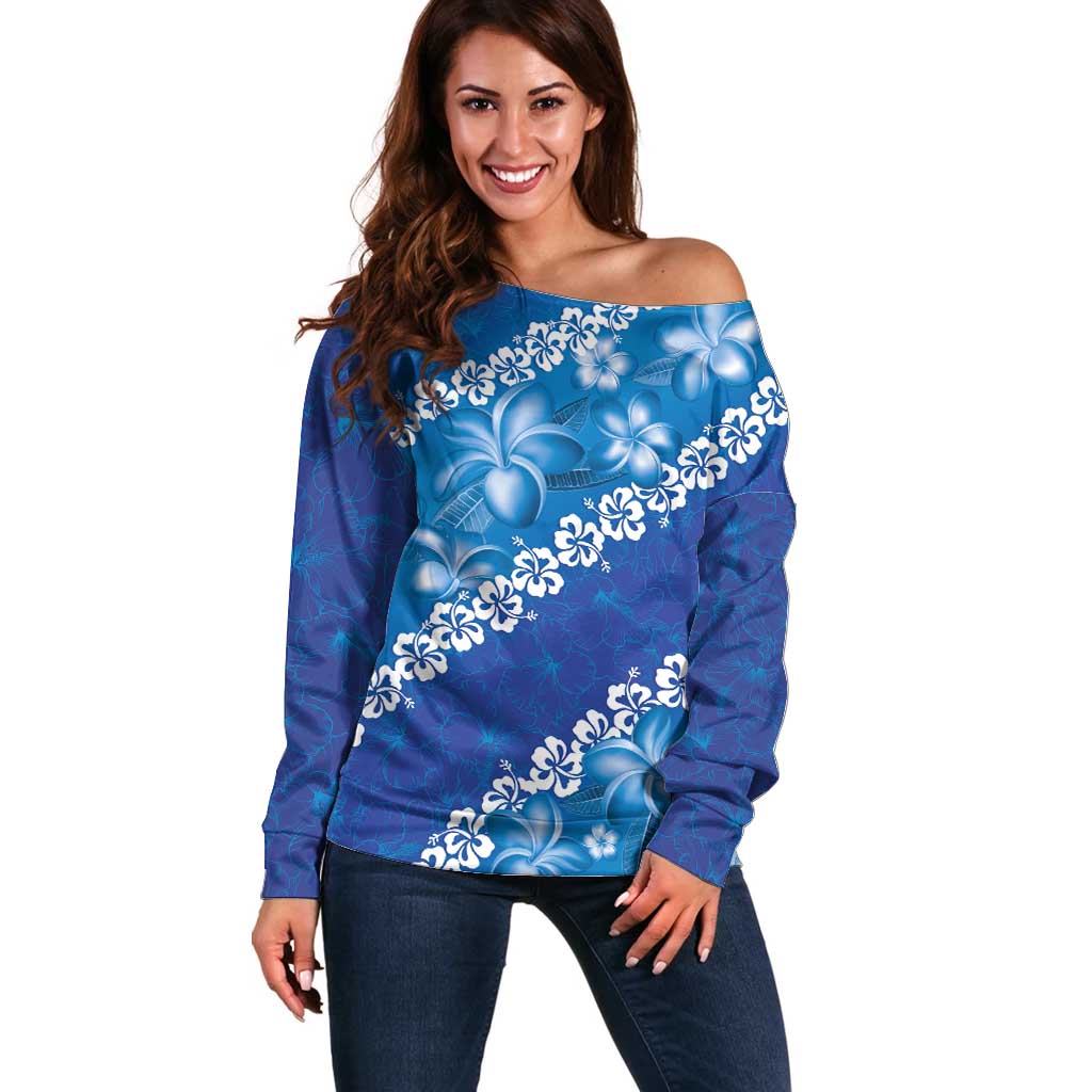 Vintage Blue Polynesia Off Shoulder Sweater Plumeria With Hibiscus Tropical Vibes LT14 Women Blue - Polynesian Pride