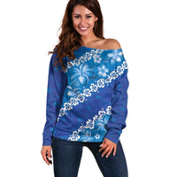 Vintage Blue Polynesia Off Shoulder Sweater Plumeria With Hibiscus Tropical Vibes LT14 Women Blue - Polynesian Pride