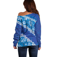 Vintage Blue Polynesia Off Shoulder Sweater Plumeria With Hibiscus Tropical Vibes LT14 - Polynesian Pride