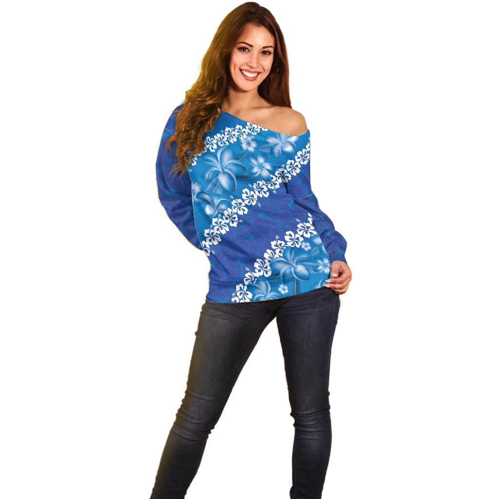 Vintage Blue Polynesia Off Shoulder Sweater Plumeria With Hibiscus Tropical Vibes LT14 - Polynesian Pride
