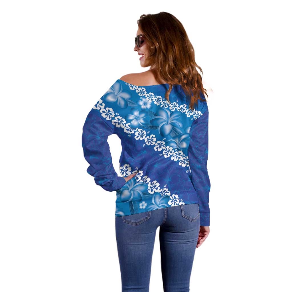 Vintage Blue Polynesia Off Shoulder Sweater Plumeria With Hibiscus Tropical Vibes LT14 - Polynesian Pride