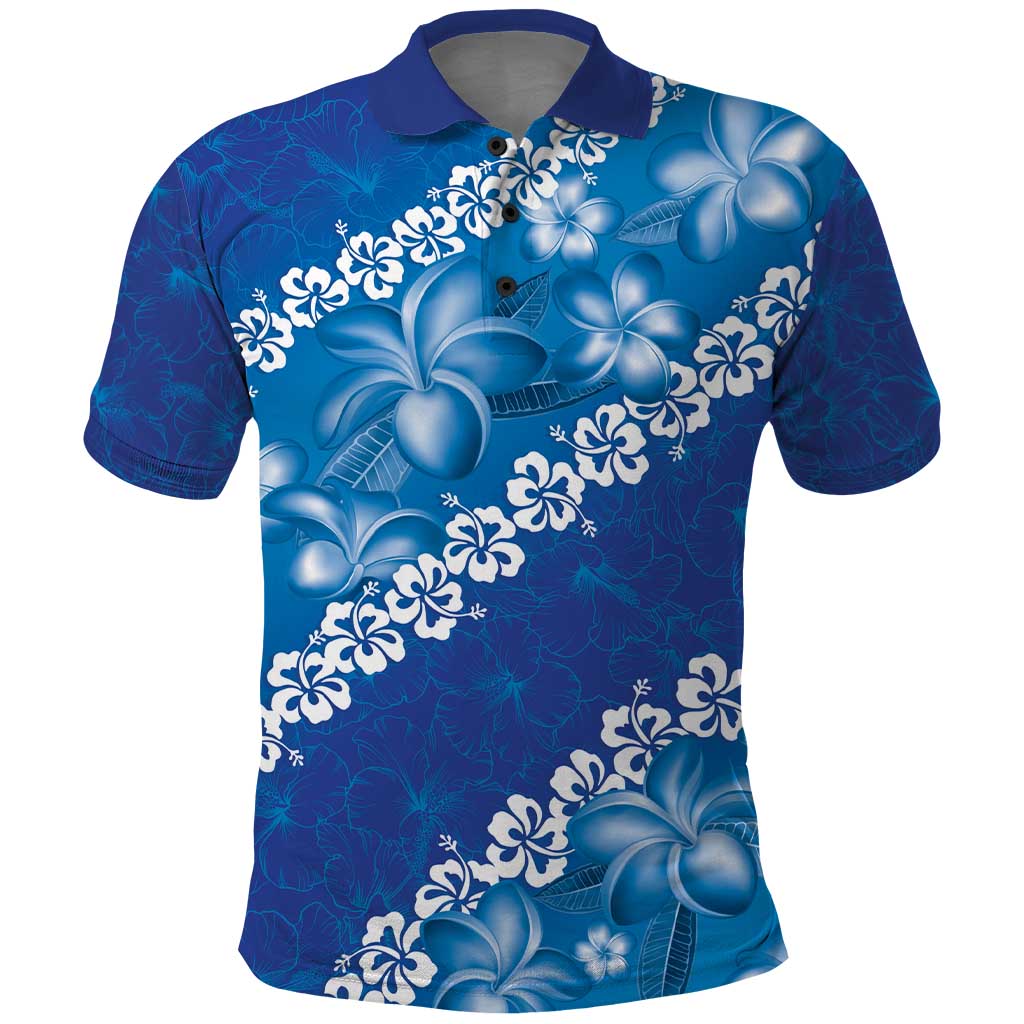 Vintage Blue Polynesia Polo Shirt Plumeria With Hibiscus Tropical Vibes LT14 Blue - Polynesian Pride