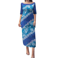 Vintage Blue Polynesia Puletasi Plumeria With Hibiscus Tropical Vibes LT14 Long Dress Blue - Polynesian Pride