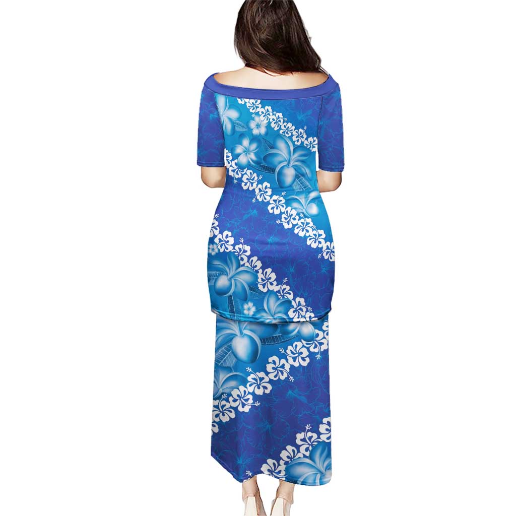 Vintage Blue Polynesia Puletasi Plumeria With Hibiscus Tropical Vibes LT14 - Polynesian Pride