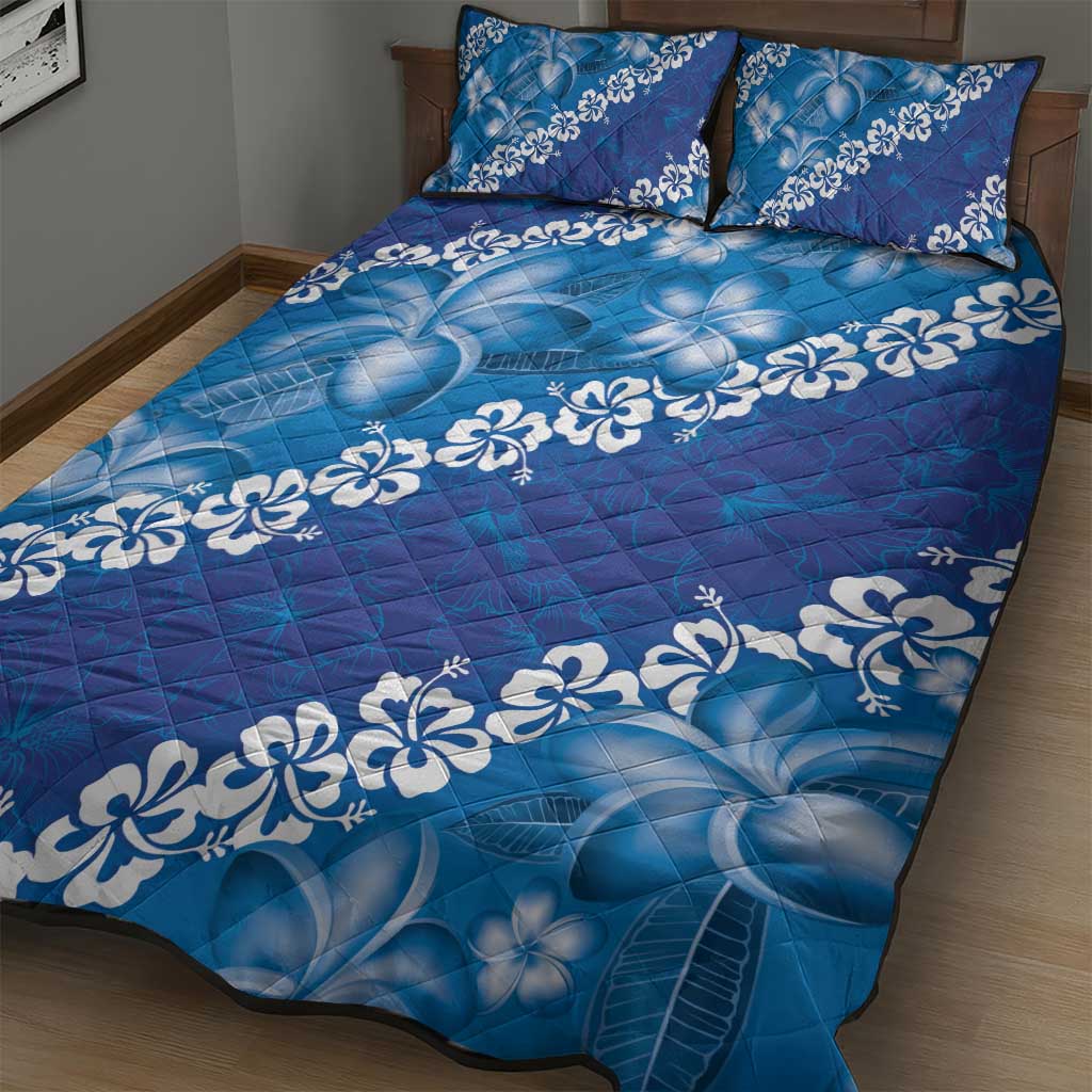 Vintage Blue Polynesia Quilt Bed Set Plumeria With Hibiscus Tropical Vibes LT14 - Polynesian Pride